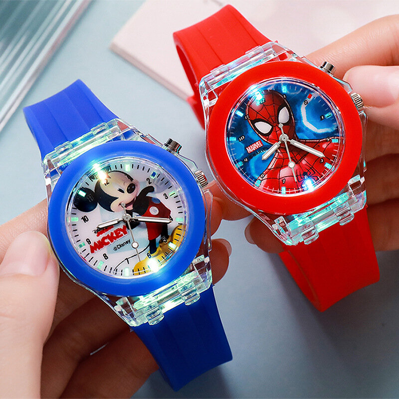 Disney Mickey Silicone Relógios para Crianças, Color Light Source, Elsa, Hello Kitty, Relógio de pulso infantil, Boys Gift
