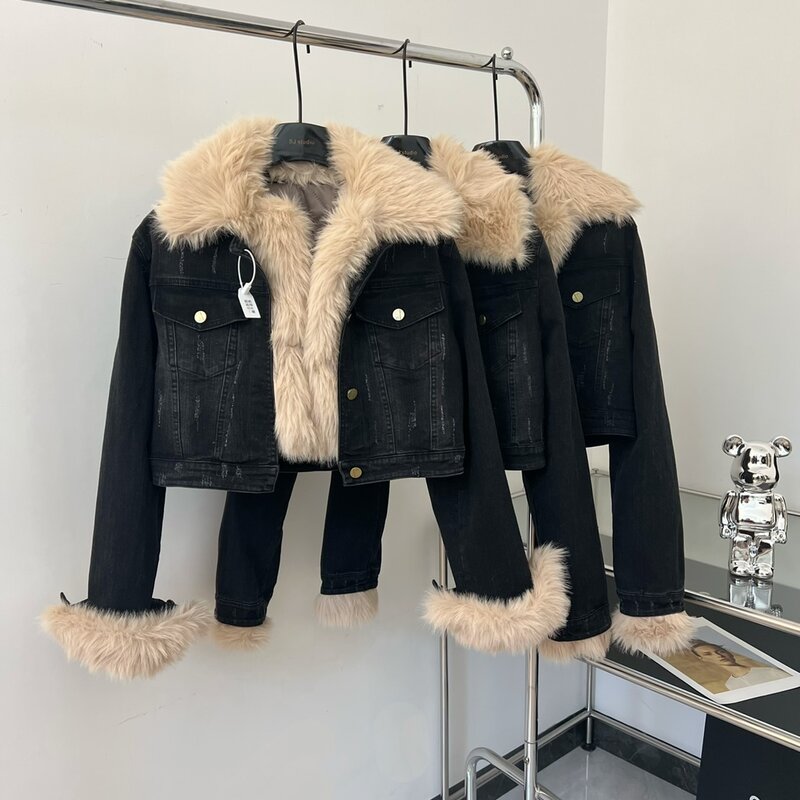 Luxury Fuzzy Denim Jacket For Women Chic High Street Winter Removable Cotton Padded Liner Hairy Jacket Lady Thick Warm Outwear