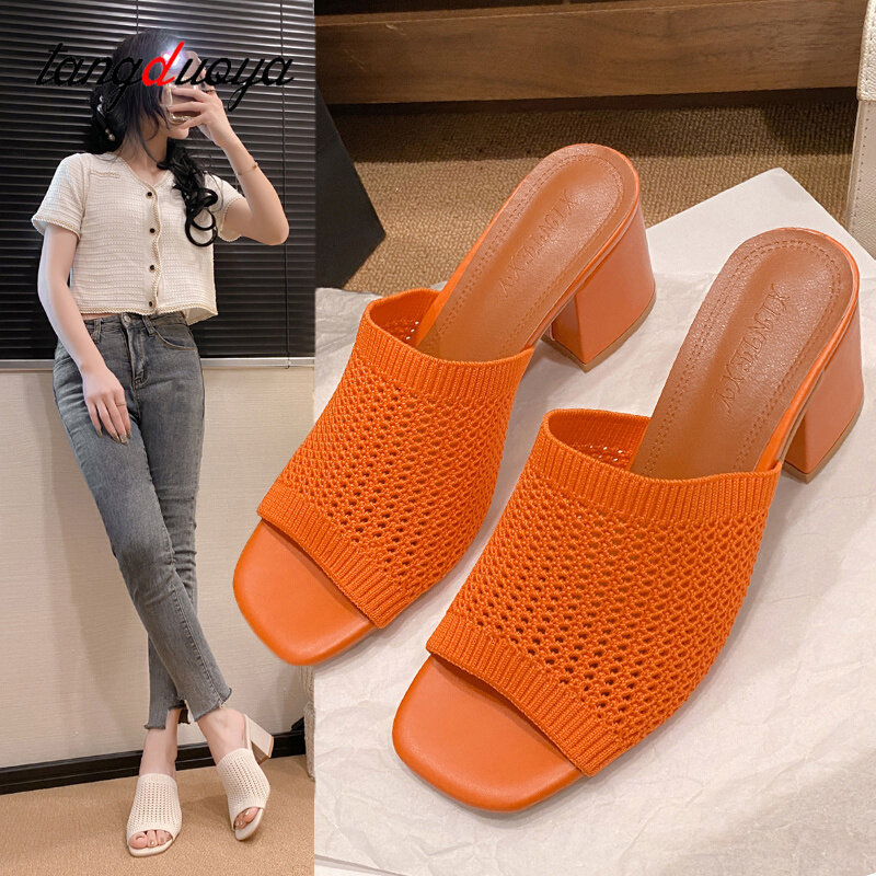 Women Summer Slippers 2024 Mesh Square heel Sandals Women's Open Toe Wedge Sandals Ladies Light Casual Shoes Zapatillas Muje