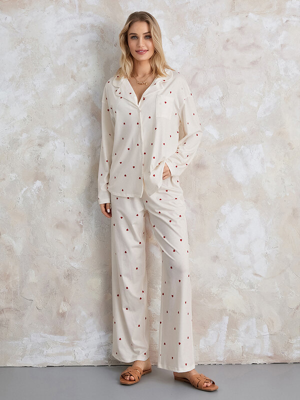 Pyjama à imprimé de fruits pour femmes, ensemble de salon floral Y2K, tenues décontractées, chemise boutonnée à manches longues, pantalon à jambes larges, 2 pièces