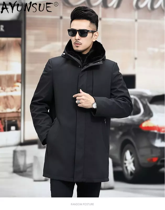 AYUNSUE-Parka de piel auténtica para hombre, chaqueta de invierno con forro de piel de visón desmontable, abrigo de longitud media, chaquetas cálidas con capucha, 2023
