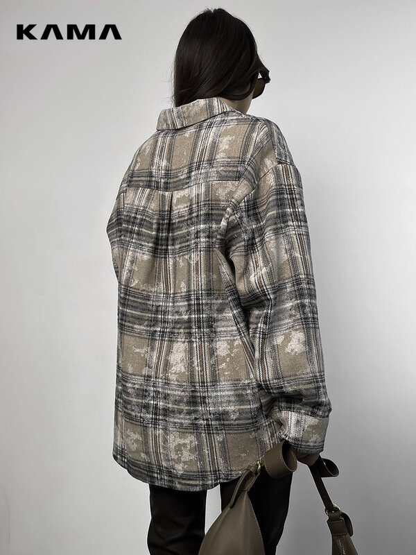 KAMA-Camisa xadrez feminina angustiada, camisas soltas de algodão, blusas de manga comprida, casual, cinza, senhora do escritório, outono, 2024