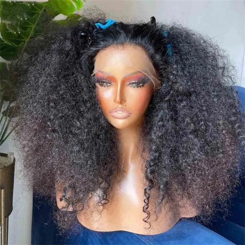 26“ Soft Glueless Natural Black Long 180Density Kinky Curly Lace Front Wig For Women BabyHair Preplucked Heat Resistant Daily