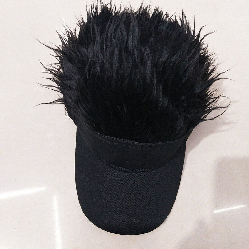 Topi Unisex Wig Visor Topi Rambut Pendek Pria Wanita Topi Bisbol Wig Dapat Disesuaikan Hadiah Topi Matahari Luar Ruangan Hitam