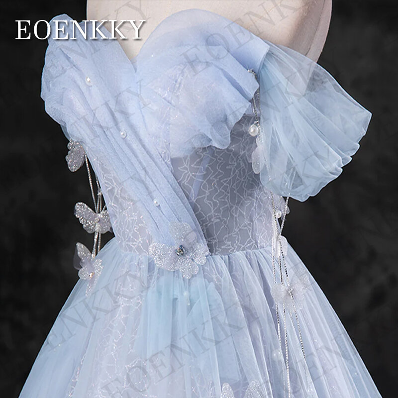 Niebieska księżniczka z odkrytymi ramionami sukienka na studniówkę błyszcząca koralikami celebrytka A linia perły urodzinowe kwiaty suknia wieczorowa 3D вечернее платье Niebieska sukienka na studniówkę z odkrytymi rami