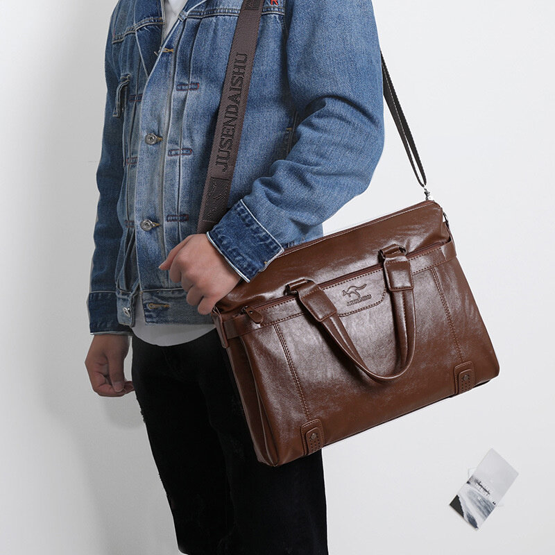 Винтажный Мужской портфель на молнии, деловая сумка из искусственной кожи, вместительный мессенджер на плечо для ноутбука