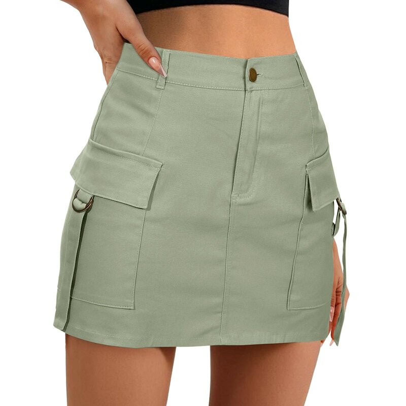 Low Waist Cargo Skirt Women Button Mini Cargo Skirt With Pocket A Line Skirt Casual Skirt Metallic Skirt