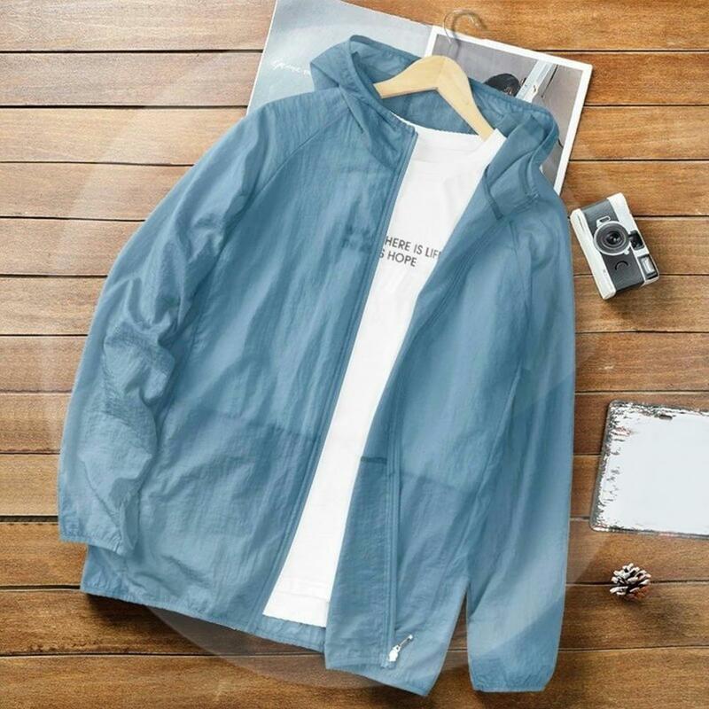 Abrigo a prueba de Sol para hombre, chaqueta de lluvia con cremallera, transpirable, fina, con capucha, ligera, para ejercicio