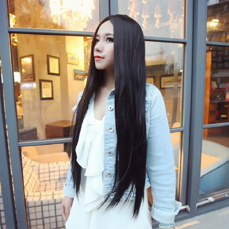 Peruca de cabelo liso preto longo super para mulheres, cabeça de cobertura completa, super realista, bonito, Japão, Coréia, Ásia, 32 ", 80cm, atacado