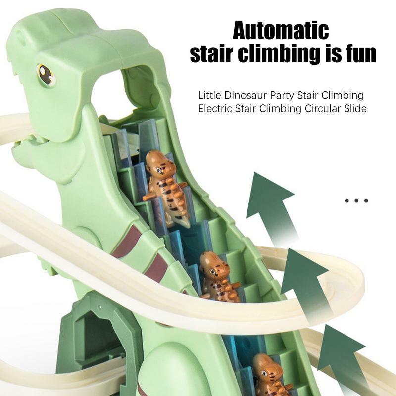 Kartun lucu bebek memanjat tangga mainan anak-anak listrik Tyrannosaurus Rail mobil listrik Roller Coaster Set hadiah