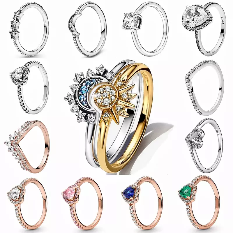 925 Anéis de Prata Esterlina para Mulheres, Coroa Original Coração, Wishbone, Noivado, Casamento, Ouro Rosa, Anel de Cristal, Jóias de Luxo