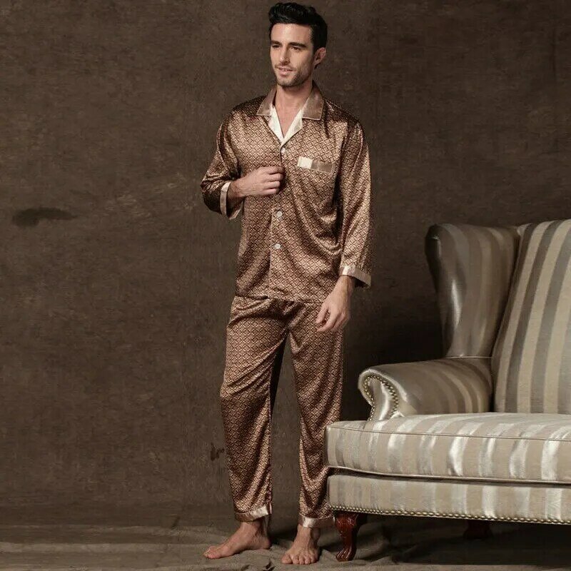 Мужские шелковые пижамные комплекты, пижамы, Мужская одежда для сна, шелковая ночная рубашка с принтом, Домашняя мужская атласная мягкая Уютная пижама для сна