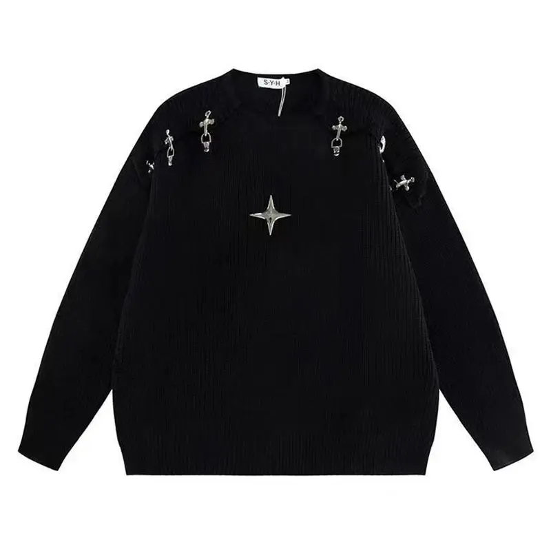 Fivela de metal masculina e feminina suéter de malha Harajuku, vintage, rua alta, suéter gótico, pulôver solto Y2K, tops casuais, outono, inverno