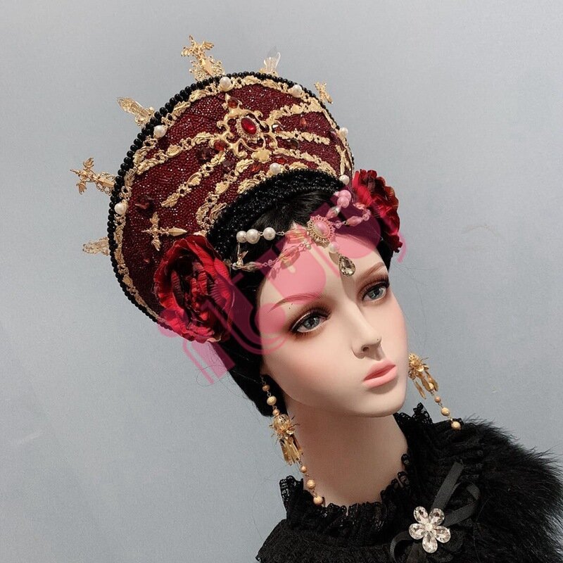 Renaissance Tudor Crown Headpiece Elizabethan Palace Style Retro Gorgeous Gothic Lolita Bead Chain KC Headband Hat Ornament