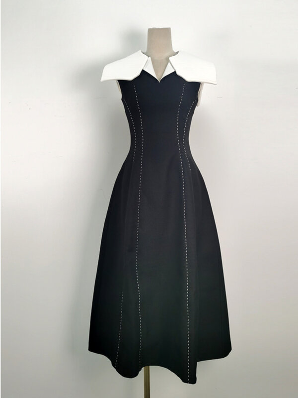 DEAT Elegant Dress Contrast Color Bright Lines Collar Sleeveless Waist Women's Evening Dress 2024 Spring New Fashion 13DB3318