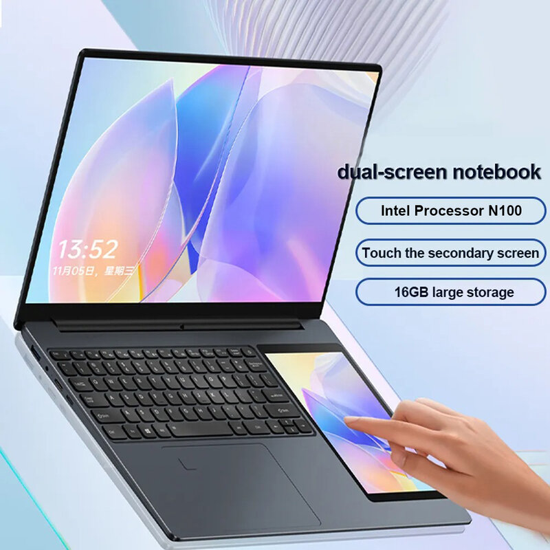 CRELANDER 15.6 "+7" Dual Screen Laptop Intel N100 16GB DDR4 RGB Backlit Teclado Computador Notebook Notebooks Gamers Touchscreen