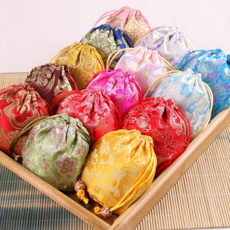 Chinese Style Embroidery Flower Drawstring Bag Jewelry Packing Bag Beaded Small Coin Purse Wallet Floral Storage Bag