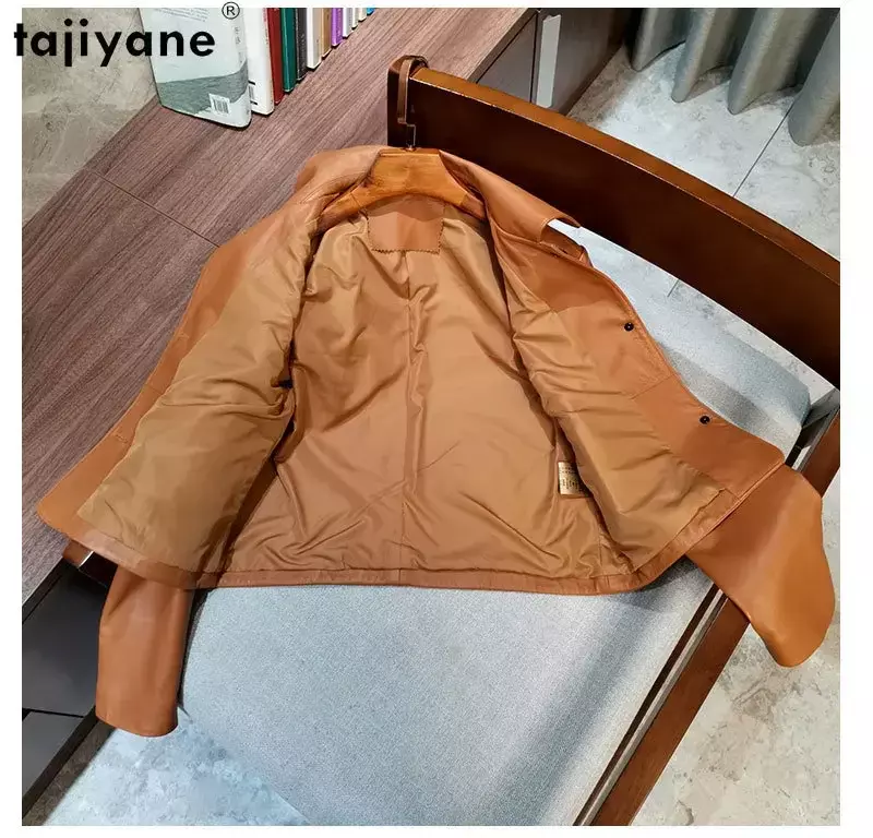 Tajiyane-jaqueta de couro verdadeira feminina, casaco de pele de carneiro genuíno, casacos de couro de peito único, moda curta, 2023