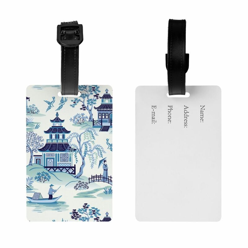 Custom Chinoiserie Pagoda Blue Antique Willow Ware Luggage Tags for Suitcase Oriental Style Baggage Tags Cover Name ID Card