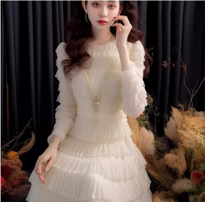 Robe de style riche pour femme, robe blanche unique, design nis, automne