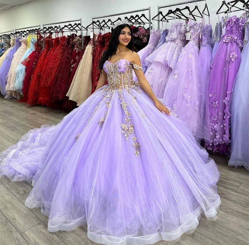 Liliowa księżniczka Quinceanera ubiera suknię balową z ramion aplikacje słodkie 16 sukienek 15 Años meksykańskie