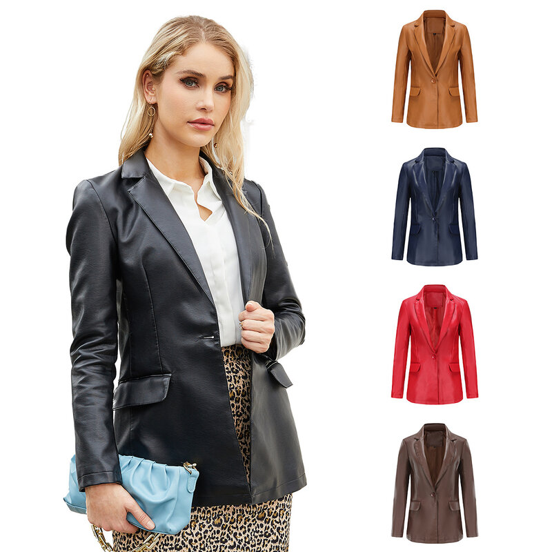 New Europe and the United States Women's Blazer long-sleeved jacket single button commuter casual pure color PU leather jackets
