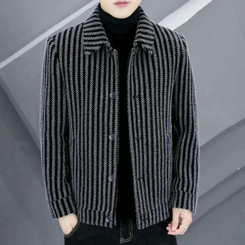 Classic Men Jacket Striped Single-breasted Men's Cardigan Coat Thick Warm Mid Length Business Style Jacket for Casual Plus Size