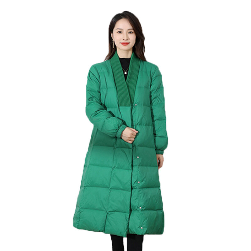 Feminino inverno longo para baixo jaqueta feminina moda casual com decote em v proteção fria quente puffer jaqueta feminina simples solto casaco