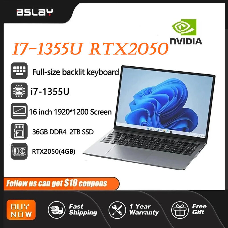Laptop leve para jogos, 16 ", Intel Core I7-1355U, NVIDIA RTX2050, 4G, 36GB, DDR4, 2TB SSD, Window 11, 12 núcleos, 16 Threads