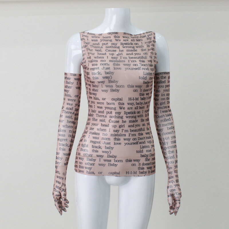 AHAgaga-Camiseta Sexy para mujer, blusa informal con estampado de letras, ajustada, transparente con guantes, recortada, Invierno 2022