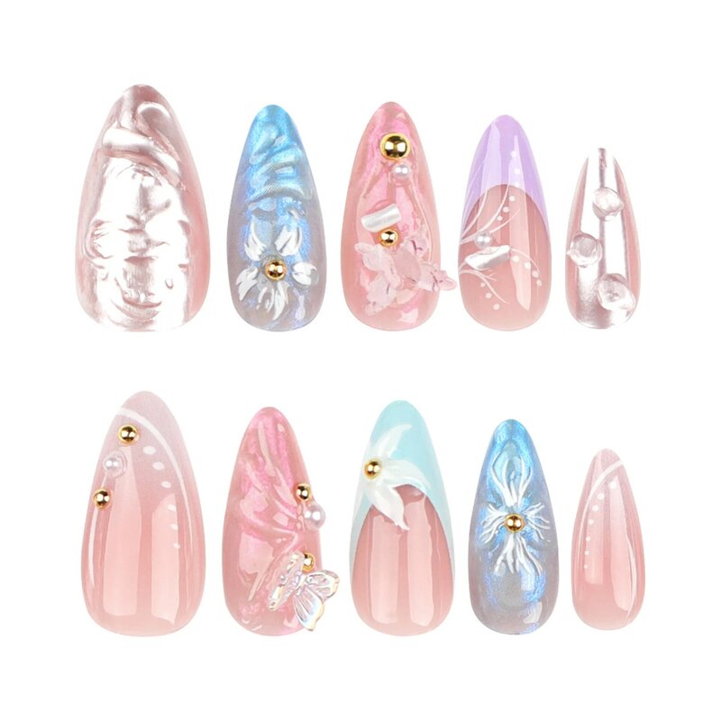 Migdałowy sztuczne paznokcie kwiat motyl zaprojektowany do noszenia prasy na paznokcie baleriny sztuczne do paznokci tipsów dla kobiet dziewcząt DIYDFUDIS Manicure