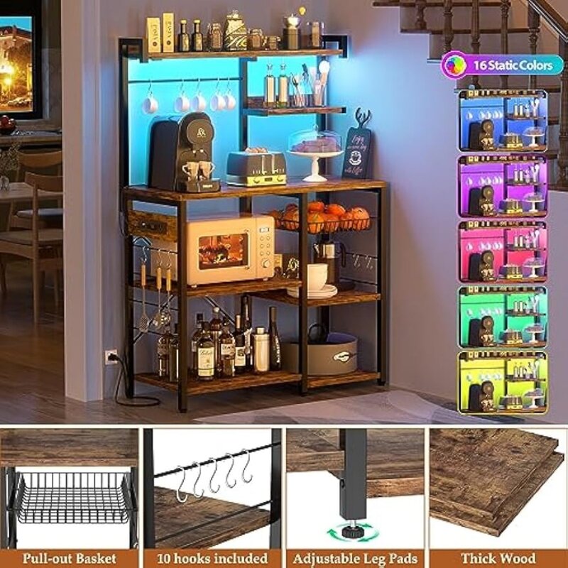 Aheaplus estante para panaderos con toma de corriente y cuerdas de luz LED, soporte para horno microondas, estante de almacenamiento de cocina con cesta de alambre