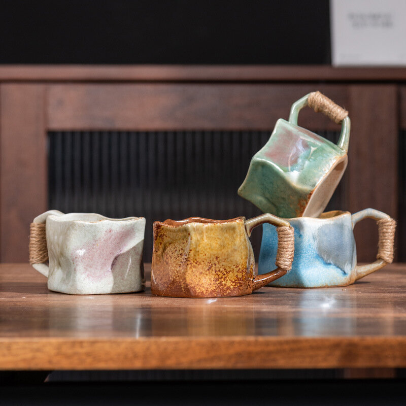粗陶器コーヒーカップ、ハンド保持カップ、レトロ日本のセラミックエスプレッソカップ、リビングルームの装飾カップ