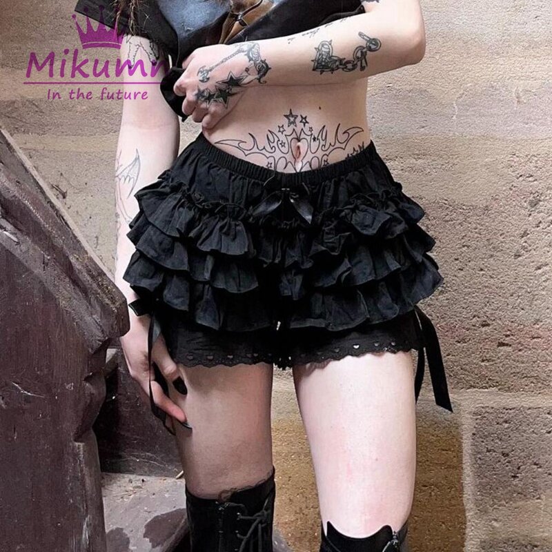 Mikolumn Harajuku Gothic Lolita czarna koronka spodenki zabezpieczające kobiet Y2k Kawaii dyniowe spodnie warstwowe falbany Vintage wiktoriański bloomery