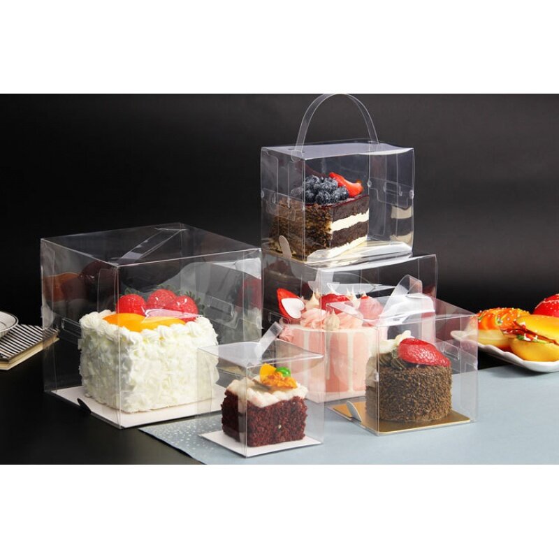 Produk kustom ulang tahun mewah rendah kotak empat inci kotak portabel transparan sekali pakai kue kecil plastik Des