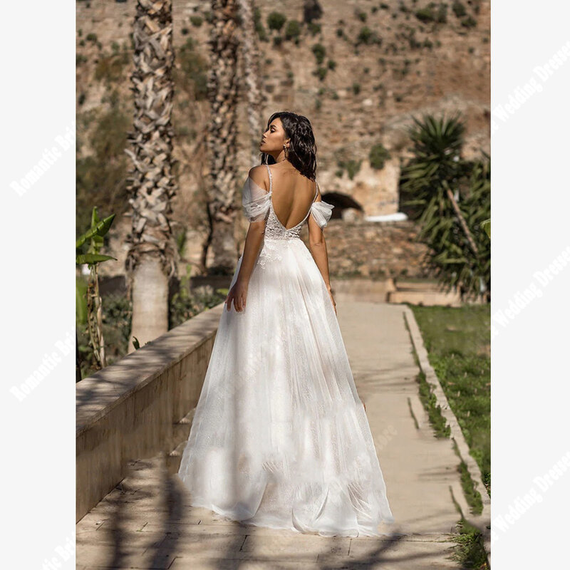 Elegant V Neck Women Wedding Dresses Bright Tulle Backless Bridal Gowns New Off Shoulder A-Line Mopping Length Vestidos De Novia