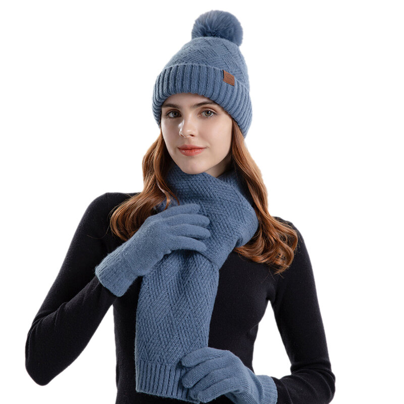 3 pçs/set inverno pompom chapéu cachecol luvas definir senhora ao ar livre quente lã grossa forrado skullies beanies tela de toque dedo cheio luva
