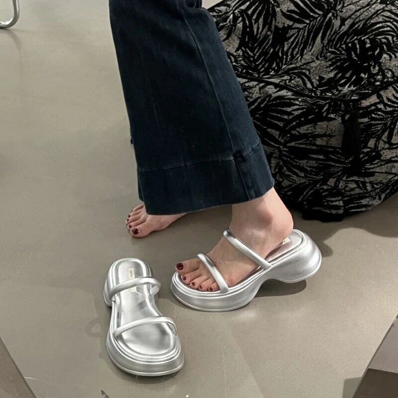 Zapatillas gruesas con punta abierta para mujer, zapatos planos de plataforma, cómodos, a la moda, 2024