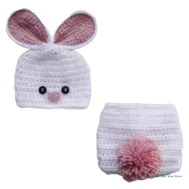 67JC ชุดหมวกและกางเกง Cozy Rabbit เครื่องแต่งกายที่สวมใส่สบาย หมวกและกางเกงเส้นด้ายขนสัตว์