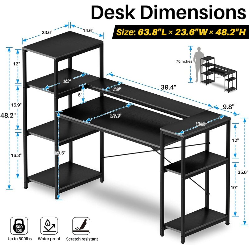 Computer tisch mit Lager regalen, 63 Zoll großer industrieller Schreibtisch Schreibtisch Schreibtisch Schreibtisch Workstation mit Druckerst änder