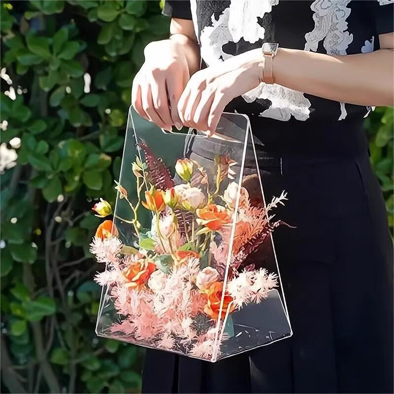 Kotak hadiah akrilik transparan, dengan pegangan tahan air Tote bunga buket kotak pembungkus pesta pernikahan hadiah tas kemasan