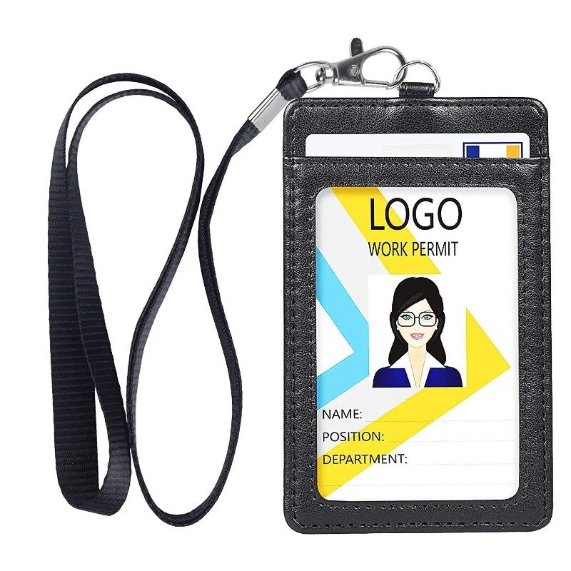 Unisex PU Leather Card Holder with Neck Lanyards, ID and Credit Card, Badge Holder, Black Wallet, School and Office Supplies, 2 Slots
