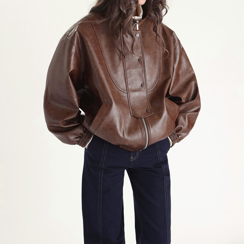 2023 Women New Vintage Oil Wax Feeling Real Cow Leather Coat Genuine Cowhide Pilot Jacket E31