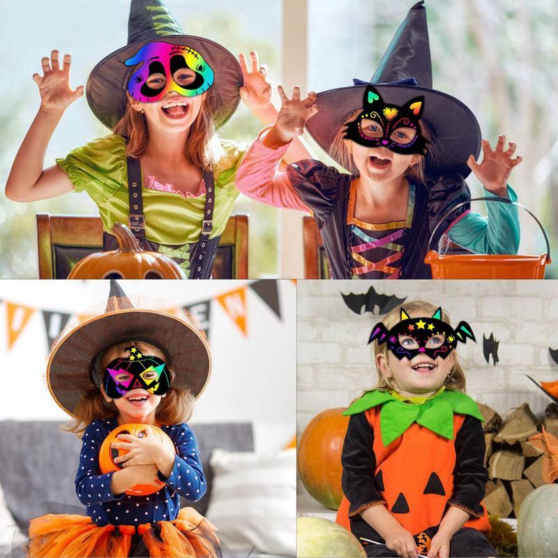 Kerajinan kertas goresan Halloween untuk anak-anak, aksesori kostum kertas goresan pelangi dan pelindung wajah untuk pesta Halloween