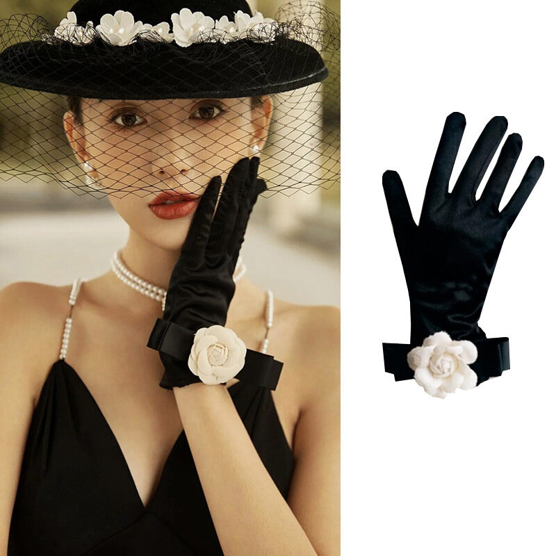 Oryginalna Celebrity Camellia Vintage czarne krótkie satynowe rękawiczki Hepburn etap bankiet akcesoria dla nowożeńców modelowanie fotograficzne T268
