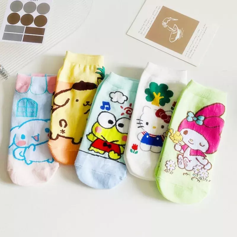 Calcetines cortos Kawaii Sanrio Hello Kitty My Melody Cinnamoroll, medias náuticas de dibujos animados, ventilar, algodón fino, regalo de Navidad para niña