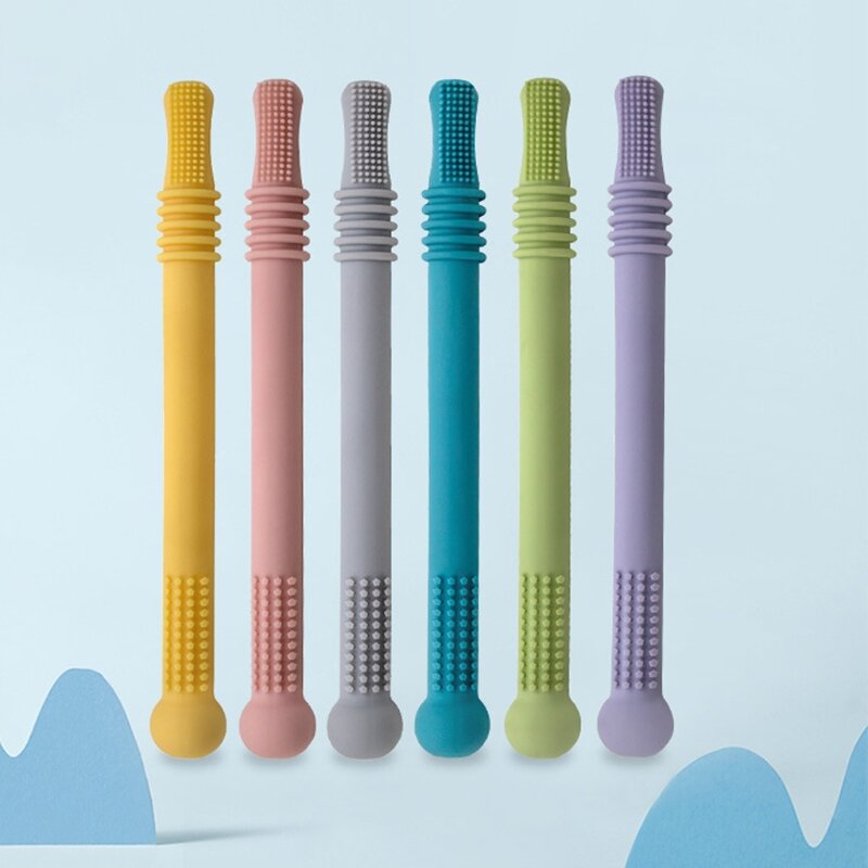 77HD Straw Teether Children's Toy Soft Silicone Hollow Molar Stick Non-toxic Durable