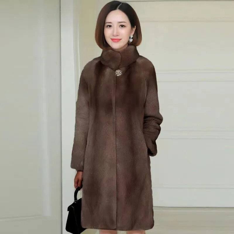 Mantel bulu imitasi untuk wanita, mantel bulu imitasi panjang setengah kerah berdiri tebal musim gugur musim dingin 2023, mantel bulu domba Korea untuk wanita