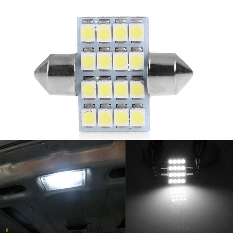 1Pc 31mm 3528 16SMD Car LED Dome Festoon Double-Tip Roof License Plate Light