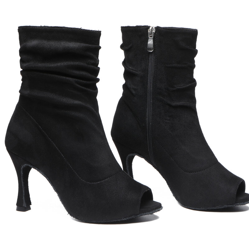 LuoQiao-botas con punta abierta para mujer, zapatos de tacón alto de ante negro, zapatos de baile para fiesta, 2022